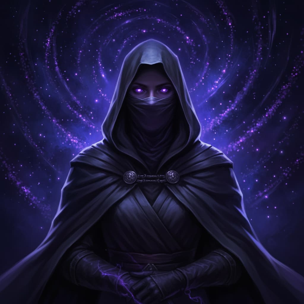 A hooded figure standing in a field of violet light