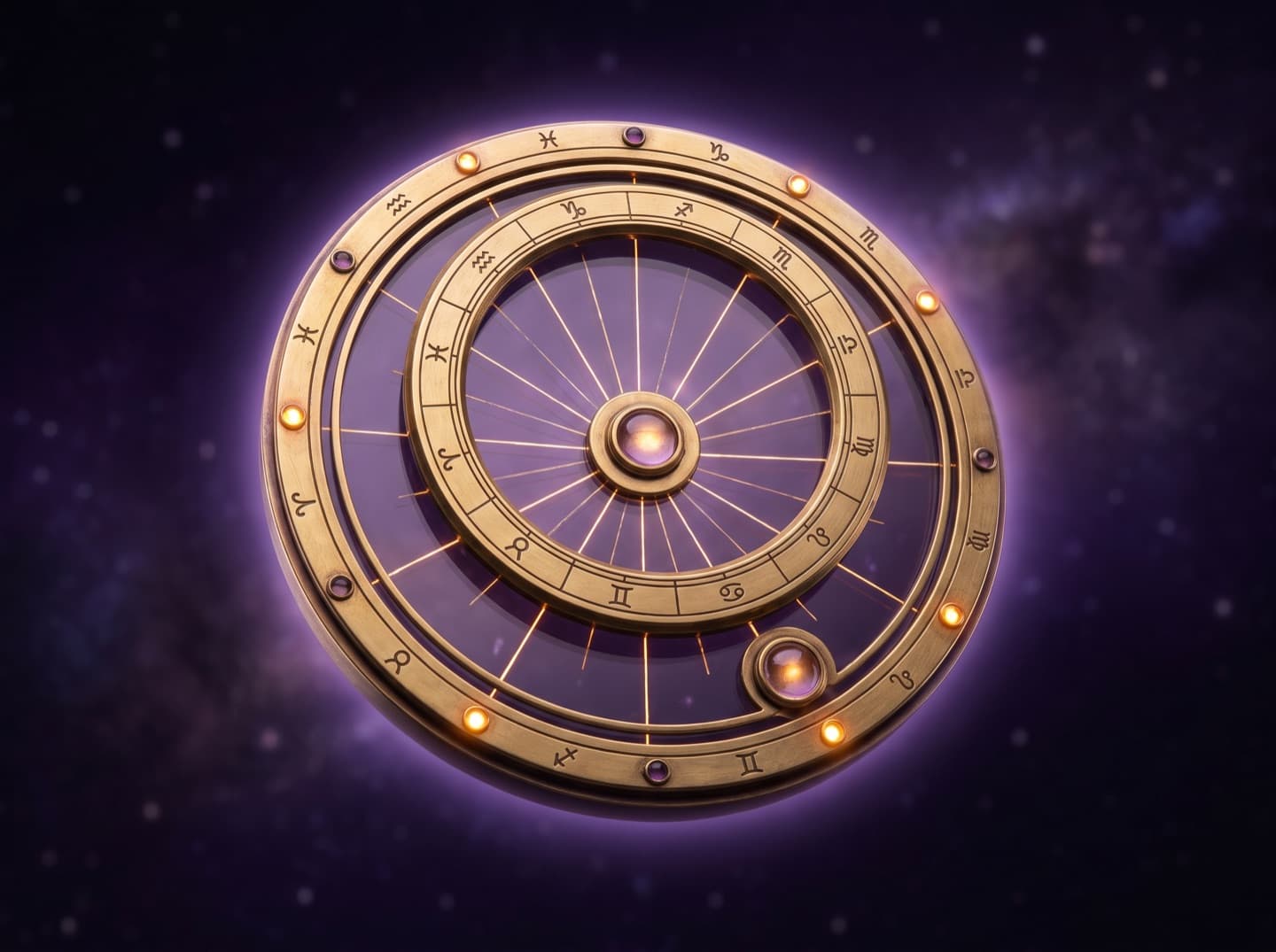 A brass astrological dial marked with the zodiac signs