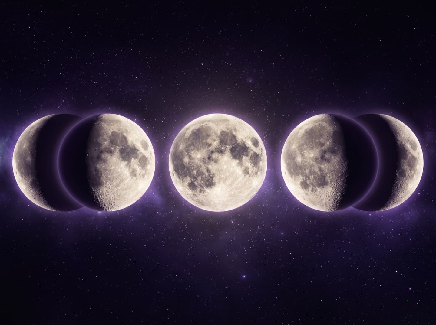 Five phases of the moon in a row against a violet sky