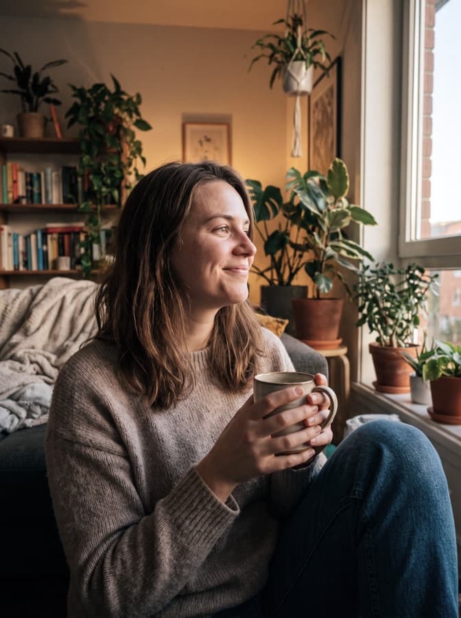 A woman with coffee by a window
